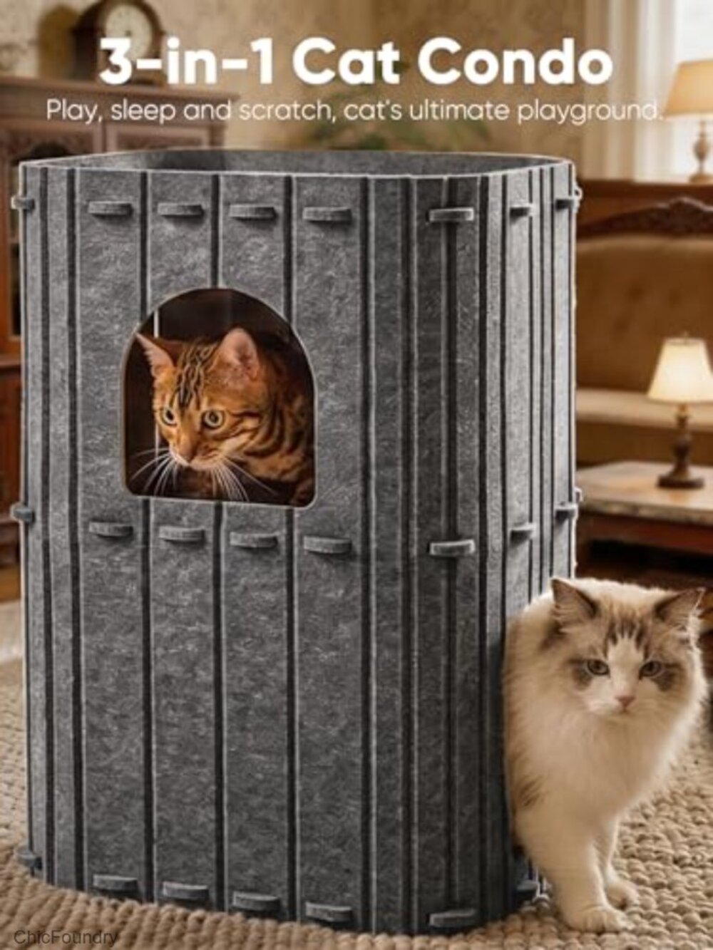 Large 2-Storey Cat House Condo, Felt Cat Bed Cave Tunnel, Multi-Cat Hideaway - Picture 2 of 6